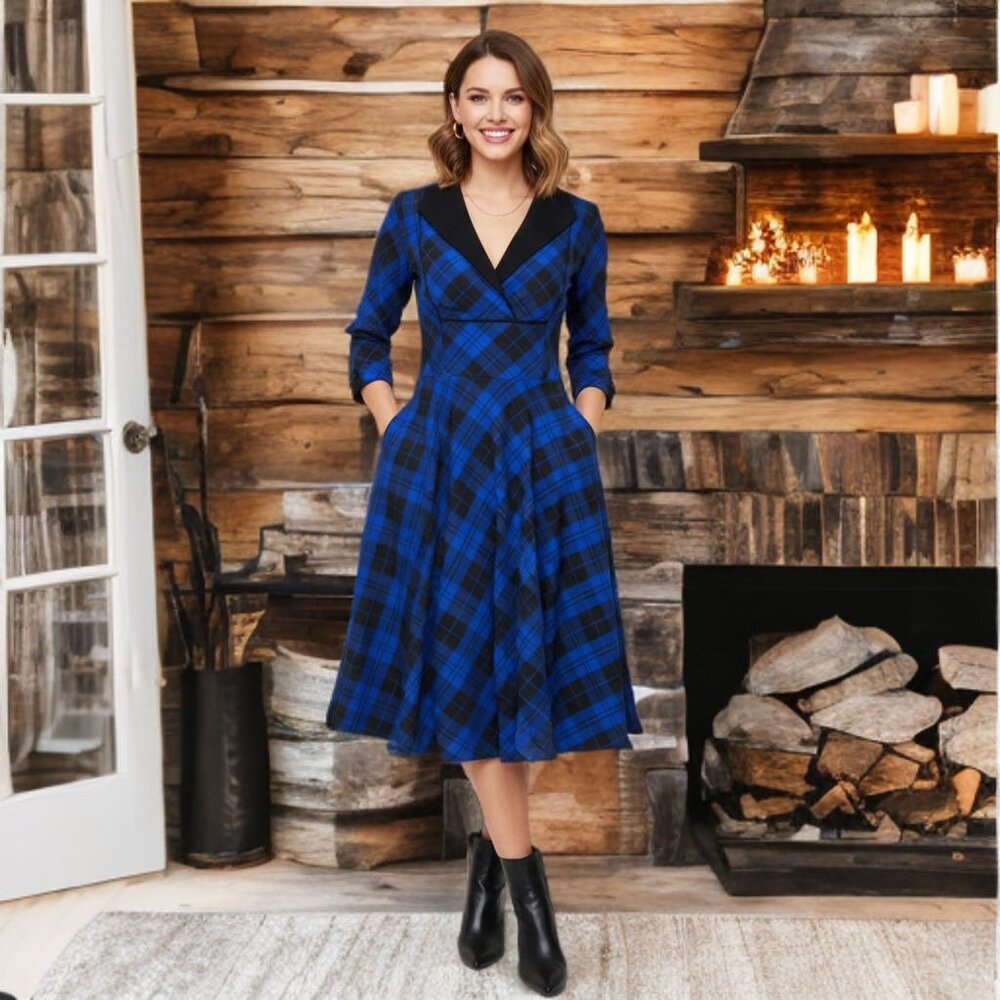 Unique Vintage Plaid Fit & Flare Midi Dress Retro Swing Wiggle Pockets Stretch - Picture 3 of 12